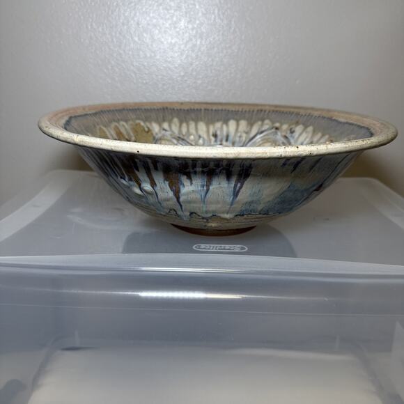 Julie Perry Signed Pottery Large Clay Bowl Tan Blue Glaze Celebrate the Wonder - Picture 3 of 12